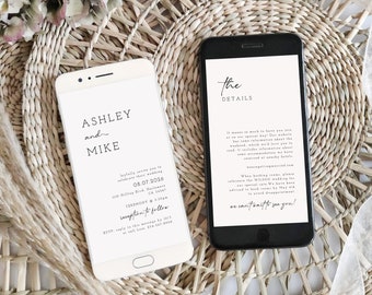 Minimalist Electronic Invitation and Details, Wedding Evite, Modern Evite and Details, Smartphone Invitation, Corjl Template, FREE demo | 90