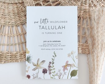 Wildflower First Birthday Invitation, Turning One, Baby Invitation Template, Wildflower Invitation Printable, Corjl Template, FREE Demo | 94