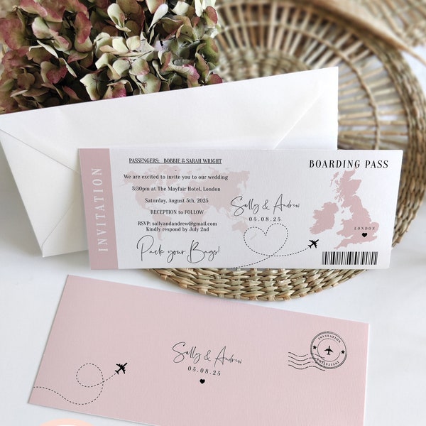 Destination - Wedding in England, Scotland, Ireland or Wales, UK Boarding Pass Invitation, Corjl Templates, FREE Demo