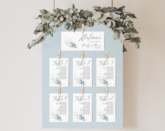 Dusty Blue Seating Cards, Printable Wedding Seating Cards, Templates for Table Plan, Dusty Blue, Canva Template | 80 Dusty Blue