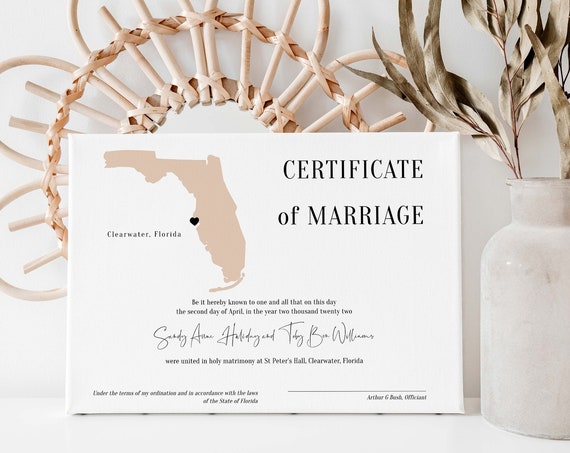 Destination - Florida Certificate of Marriage, Wedding in Florida Marriage Certificate Template, Printable, Corjl Templates, FREE Demo