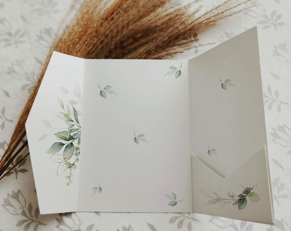 Wedding Invitation Pockets with a Beautiful Greenery Design, Printable Pocketfold Envelopes, Leaf & Gold, Corjl Template, FREE Demo | 80