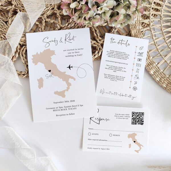 Ensemble d'invitations de mariage en Italie, faire-part de mariage à destination pour votre mariage partout en Italie, modèles Canva | Destination Italie