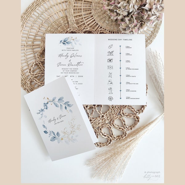 Folded Dusty Blue Wedding Invitations, Templates for Wedding Invitations, Printable Invitations, Corjl Template, FREE Demo | 80 Dusty Blue