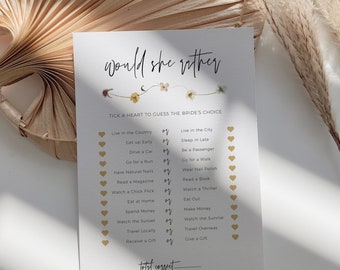 Would She Rather Bridal Shower Game, Flower Bridal Shower, Ideas for Bridal Showers, Guess the Brides Answers, Canva Template | 94