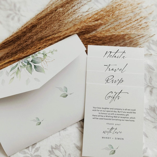 Ensemble de pochettes d'invitation de mariage botanique, modèles pour invitations de verdure, enveloppes imprimables Pocketfold, modèle Corjl, démo gratuite | 80G