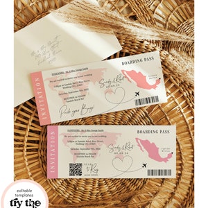 Destination - Mexico Boarding Pass Wedding Invitation, Printable Wedding Invitation Template Destination Wedding, Corjl Templates, FREE Demo