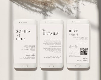May include: Three white smartphone screens with black text. The first screen says "Sophia and Eric" and includes the wedding date, time, and location. The second screen says "The Details" and includes information about the wedding. The third screen says "RSVP by Mark Up" and includes a QR code and contact information.