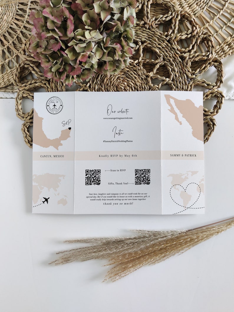 Destination - Mexico Wedding Invitations, Folded Gatefold Invitation Templates, Destination Wedding Invitations, Canva Templates image 6