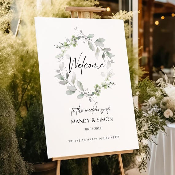 Canva Welcome Sign Template with Greenery Wreath Design - Style 87