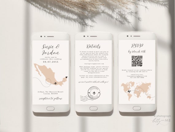 Destination - Mexico Wedding Electronic Invitations, Phone Invitation Set, Wedding anywhere in Mexico, Smartphone Invitation, Canva Template