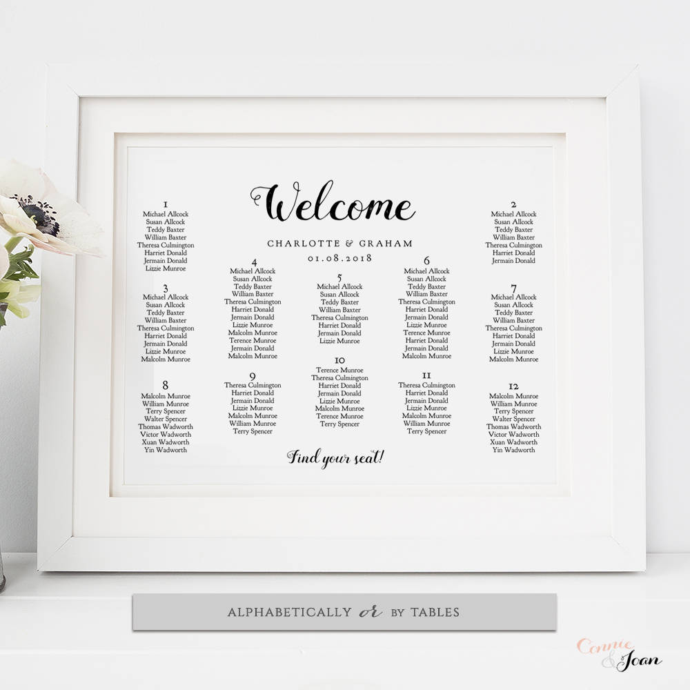 wedding table seating chart poster alphabetical or by alphabetical wedding seating chart