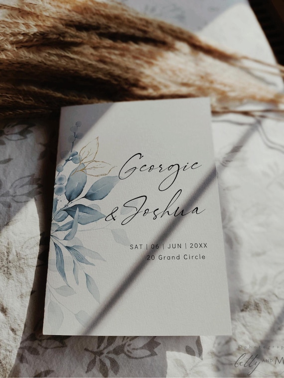 Dusty Blue Wedding Program, Printable Program Booklets, Printable Blue Wedding Order of Service Booklets, Canva Templates | 80