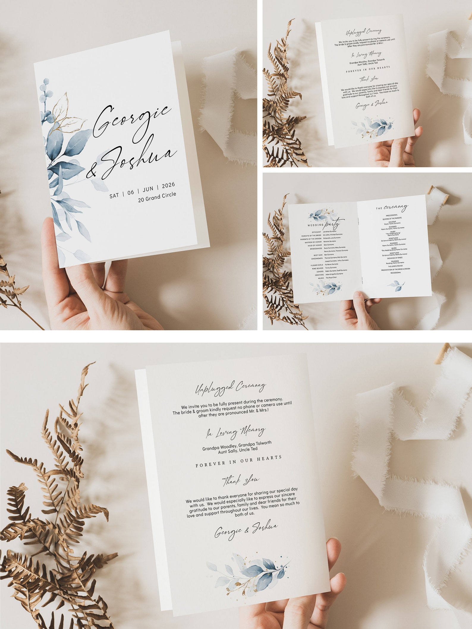 Dusty Blue Folded Wedding Program Booklets, Printable Blue Wedding