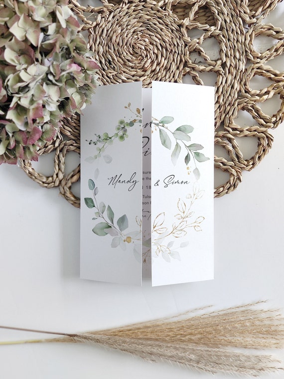 Folded Wedding Invitations, Templates for Greenery Gatefold Invitations, Leaf & Gold, Printable Invitations, Canva Template | 80G