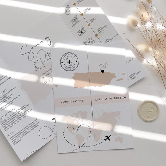 Destination - Puerto Rico Wedding Invitations, Folded Gatefold Invitation Templates, Destination Wedding Invitations, Canva Templates