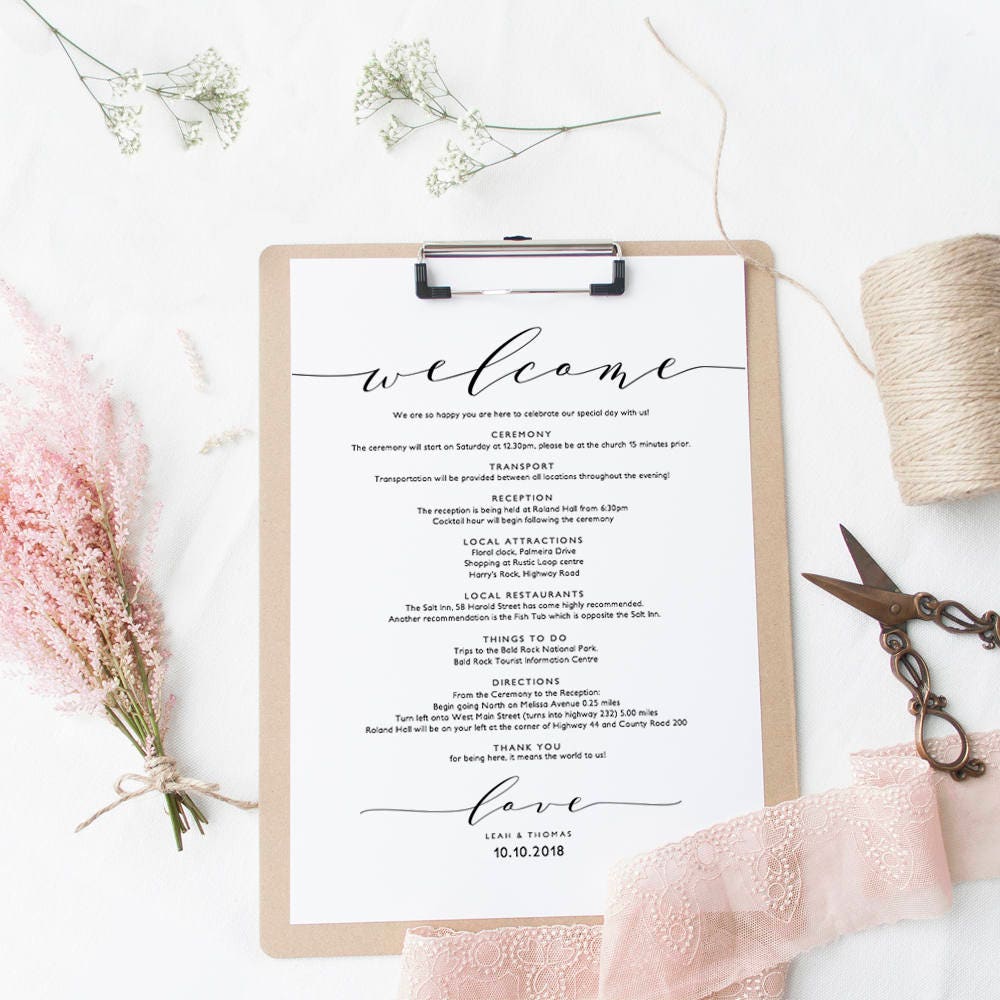 Welcome Itinerary Wedding Guest Welcome Letter Template Printable