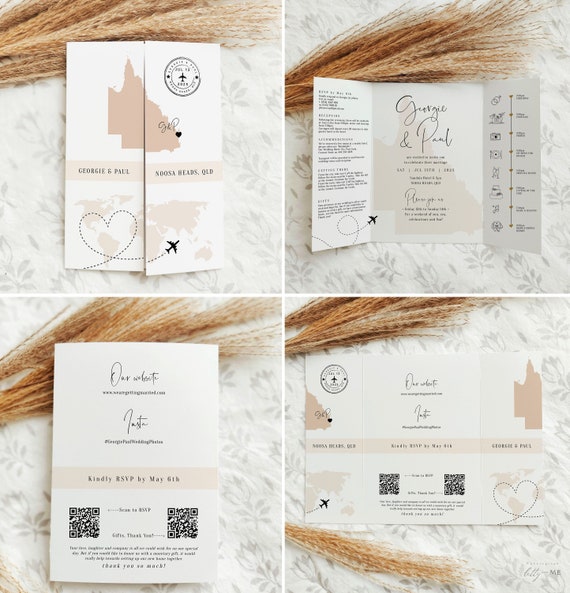 Destination - Queensland Wedding Invitations, Folded Gatefold Invitation Template, Australia Wedding Invitations, Corjl Templates, FREE Demo