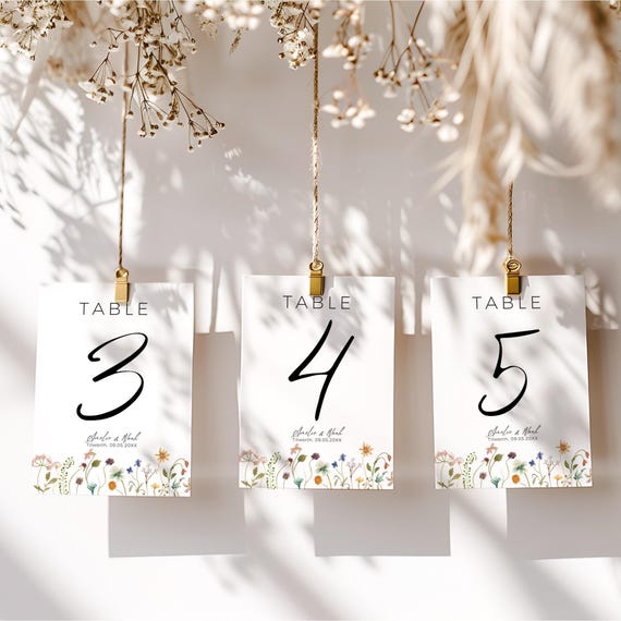 Floral Numbers, Wildflower Wedding Table Numbers, Canva Template, 94FB
