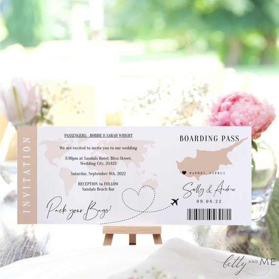 Destination - Cyprus Boarding Pass Wedding Invitation, Printable Wedding Invitation Template Destination Wedding, Corjl Templates, FREE Demo