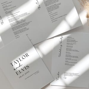 May include: A wedding ceremony program with the names Taylor and Elvis, the date 08.07.20XX, and the address 1110 Hilltop Blvd, Haslemere, CA 34567. The program includes the order of events, the names of the officiant, parents of the bride and groom, bridesmaids, groomsmen, flower girls, ushers, and music.