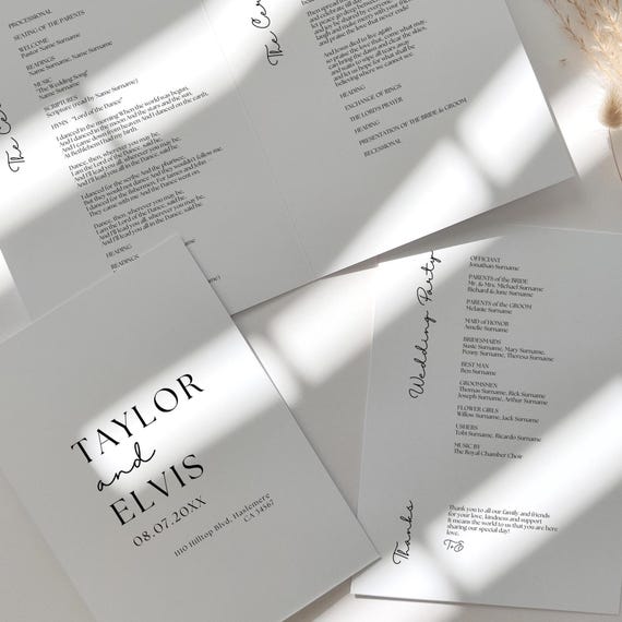 Simple Folded Wedding Program, Minimalist Wedding Program Template, Order of Service, Canva Templates | 111W