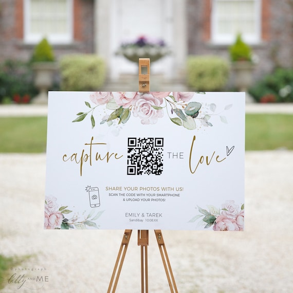 Pink Roses Capture the Love QR Code, Wedding Photo Signs, Share the Love, Wedding QR Code, Scan to Upload, Corjl Template, FREE Demo | 18P