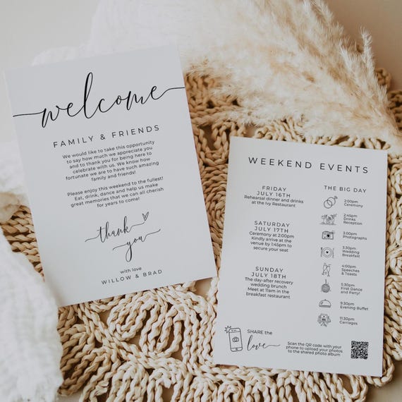 Weekend Events Welcome Card, Wedding Timeline, Canva Template with Infographic | 68