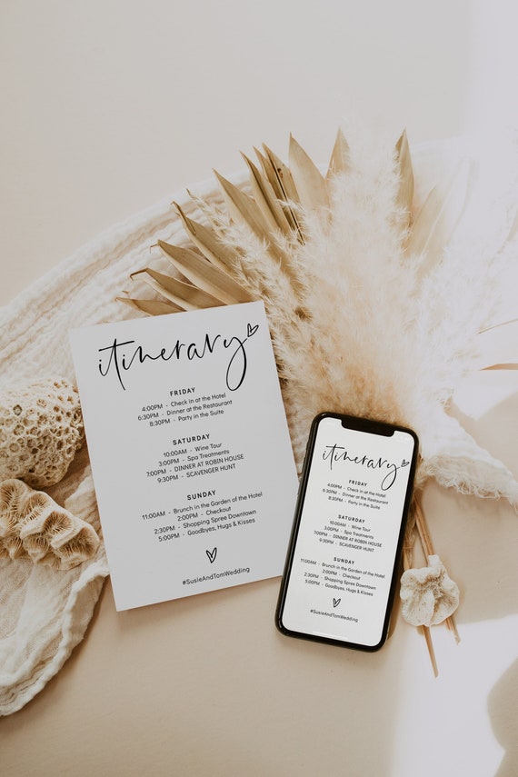 Itinerary Card + Electronic for Phone or Email, Wedding Itinerary, Bachelorette Weekend, Corjl Template, FREE demo | 86