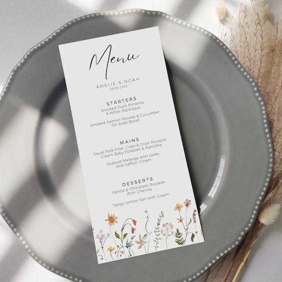 Long Wildflower Wedding Menus, Floral Menu Canva Template, 94FB