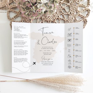 Destination Spain Wedding Invitations, Folded Gatefold Invitation Templates, Destination Wedding, Canva Templates image 4