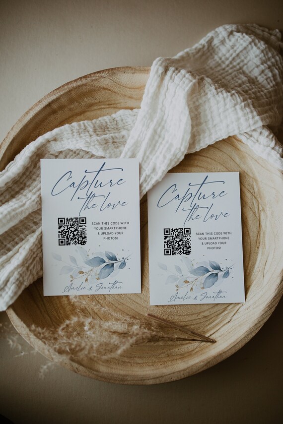 Dusty Blue Capture the Love Sign, QR Code Wedding Signs, Printable Share the Love QR Code Signs, Canva Templates | 80 Dusty Blue