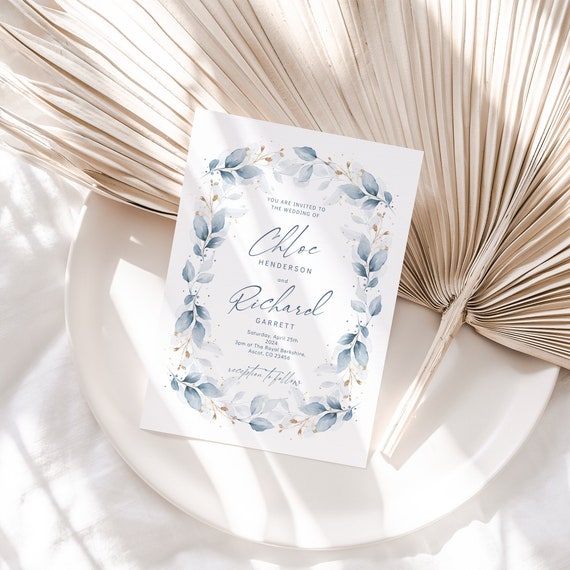 Dusty Blue Wedding Invitations, Front & Back, Printable Dusty Blue Invitations, Wedding Invites, 4 sizes, Canva Templates | 80 Dusty Blue