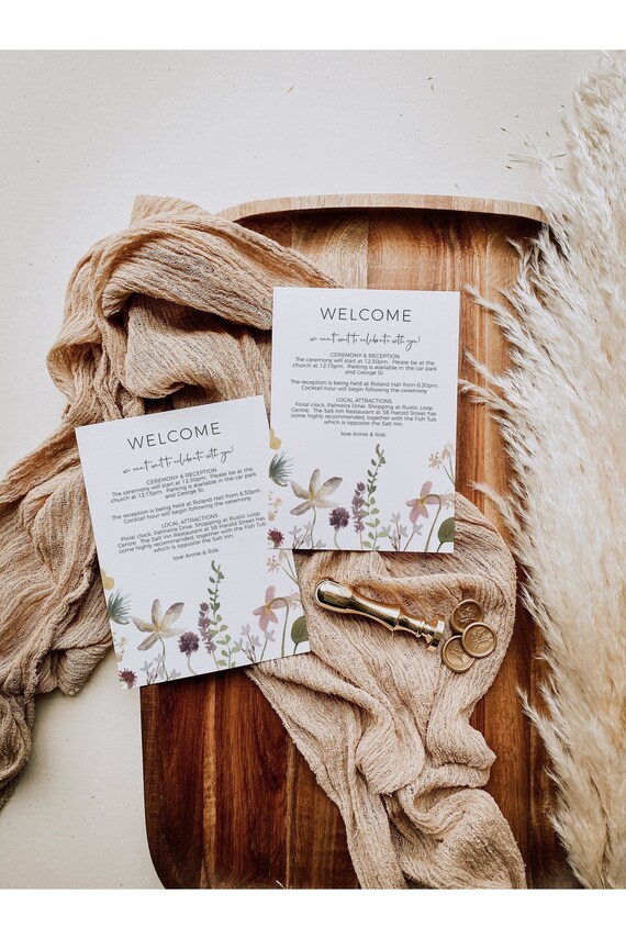 Wildflower Wedding Welcome Note, Itinerary Card Printable, Printable Wedding Welcome Card, Corjl Template, FREE Demo | 94