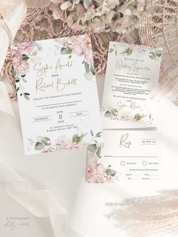 Pink Rose Wedding Invitation Set, Pink Flower Invitations, Flower Invitation, Details and RSVP Templates, Corjl Template, FREE Demo | 18P