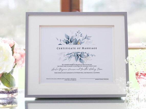 Dusty Blue Certificate of Marriage, Blue Marriage Certificate Template, Certificate Template, Wedding Keepsake, 6 sizes, Canva Templates