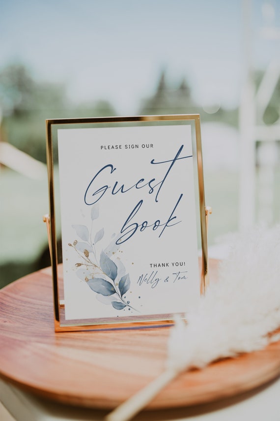 Dusty Blue Guest Book Sign, Printable Guest Book Sign Template, Dusty Blue Wedding Signs, 5 Sizes, Canva Templates | 80 Dusty Blue