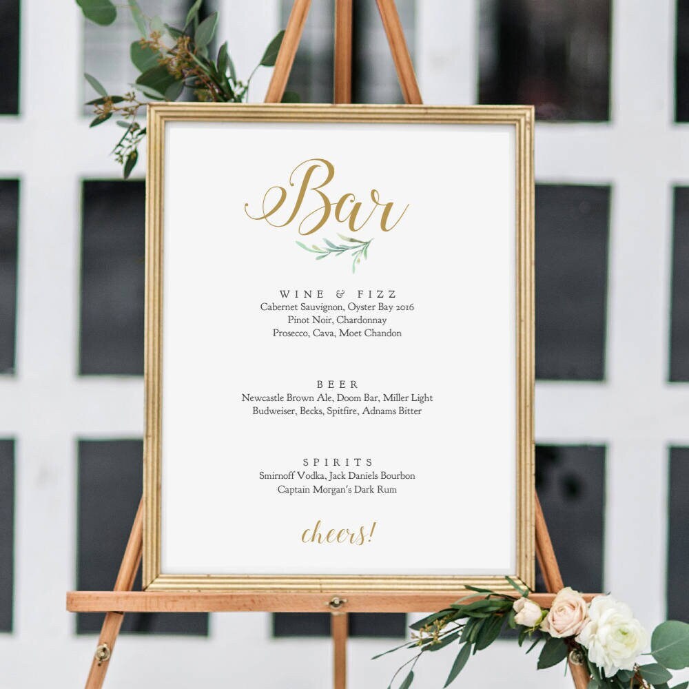 Bar Sign, Printable Wedding Bar Menu Sign, In 8 sizes including: 8x10 and  18x24 'Greenery', Wedding Signage. Corjl Template, FREE demo