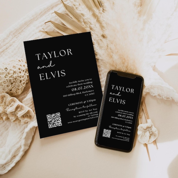 Black Wedding Invitations, Printable and Electronic Black Invitations, Modern Black and White Wedding, Canva Templates | 111B
