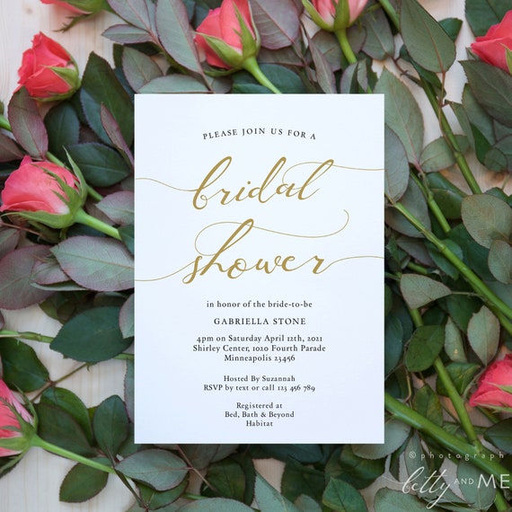 LucyGold - Gold Bridal Shower Invitation, Printable Bridal Shower Template, Gold Wedding Shower, 3 sizes, Corjl Template, FREE Demo