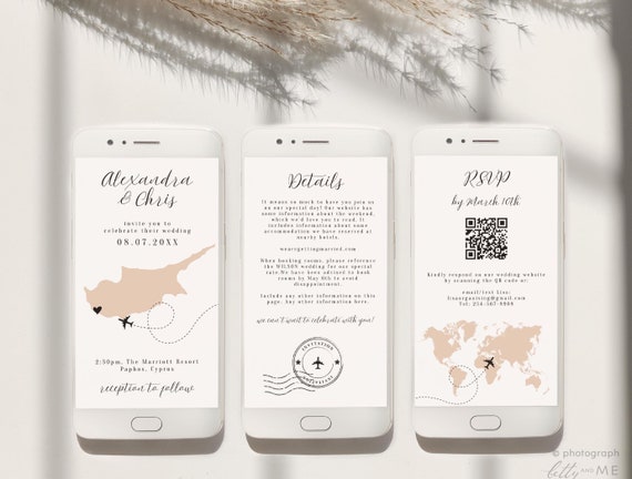 Destination - Cyprus Wedding Electronic Invitations, Phone Invitation Set, Wedding anywhere in Cyprus, Smartphone Invitation, Canva Template