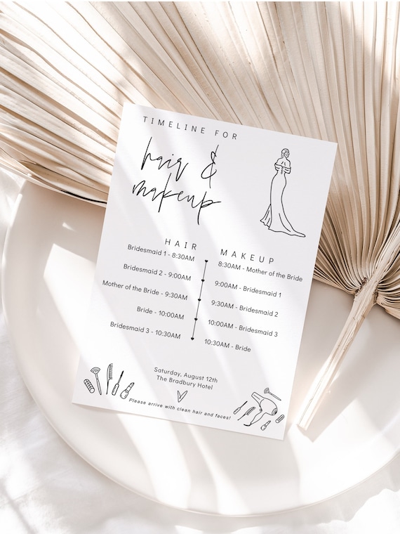 Bridal Hair and Makeup Timeline Printable Template, Wedding Hair and Makeup, Printable Cards and Sign, Canva Template | 88