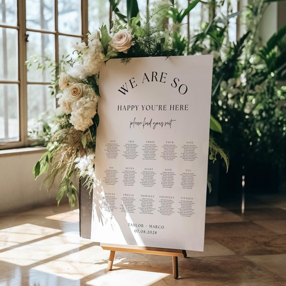 We are So Happy You're Here Table Plan, Minimalist Wedding, Seating Plan Templates, Minimalist Seating Plan, Canva Templates | 90
