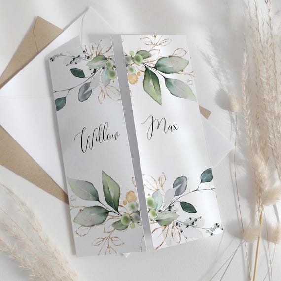 Gatefold Wedding Invitation Templates, Eucalyptus Invites, Canva Templates | 80G