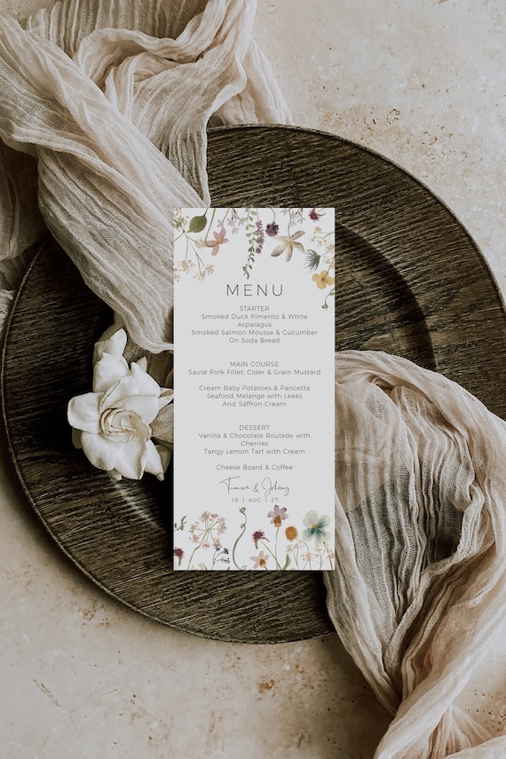 Wildflower Menu Template, Wedding Menu with Flowers, Printable Floral Menu, Wildflower Wedding Theme, Corjl Template, FREE Demo | 94