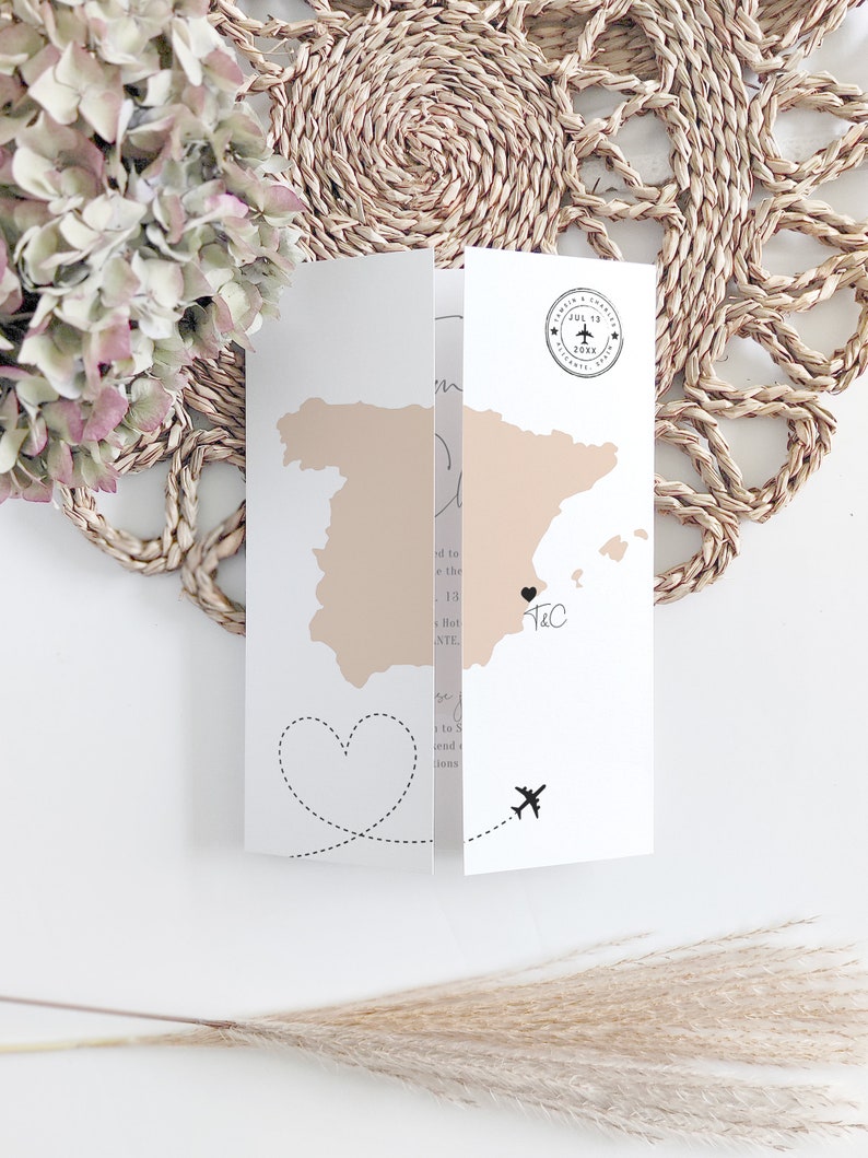 Destination Spain Wedding Invitations, Folded Gatefold Invitation Templates, Destination Wedding, Canva Templates image 7