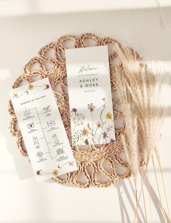 Wedding Timeline, Wildflower Program, Flower Wedding Timeline, Printable Events of the Day Program, Canva Template | 94