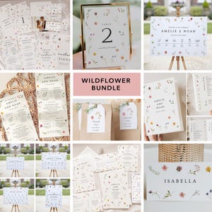 May include: A collection of wedding stationery featuring a wildflower theme. Includes invitations, table numbers, signage, and thank you tags. The designs incorporate floral illustrations and the names "Amelie & Noah" and "Isabella".