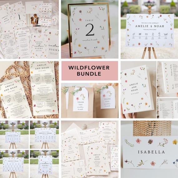 Canva Bundle of Wildflower Wedding Templates, Large Wedding Bundle, Gatefold Invitation and all wedding stationery, Canva Templates | 94B