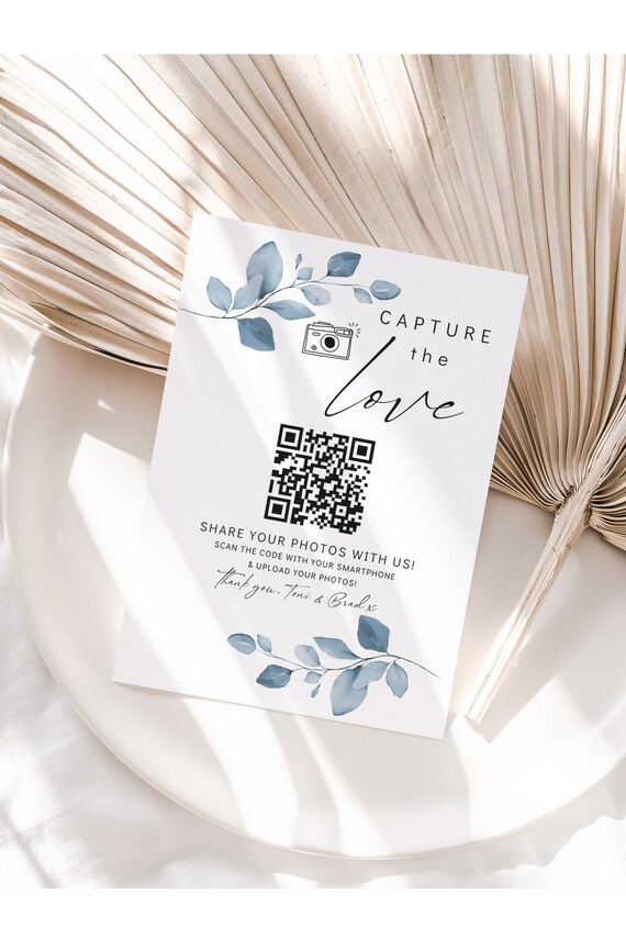 Dusty Blue Capture the Love QR Code, Wedding Photo Signs, Share the Love, Wedding QR Code Signs, Canva Templates | 80